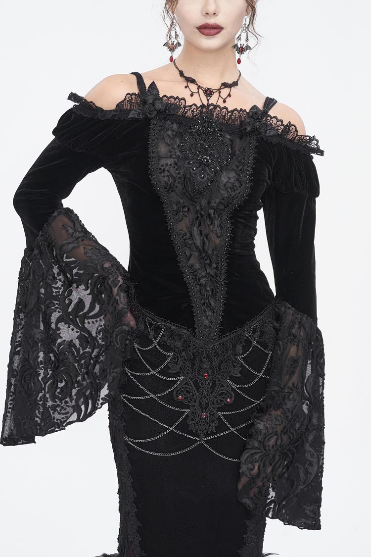 Black Off Shoulder Trumpet Sleeves Embroidery Lace Women's Gothic Blouse