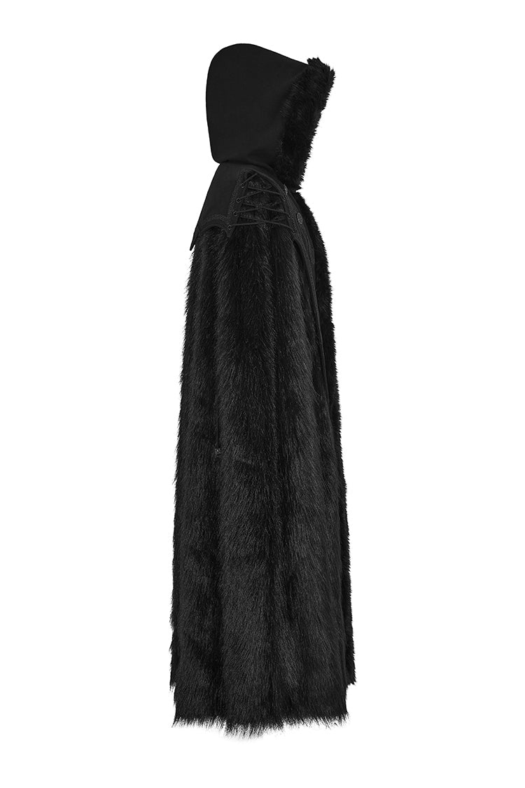 Black Hooded Long Fur Mens Gothic Cloak