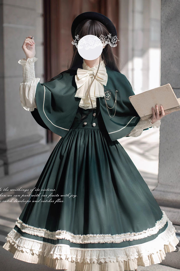 Grün [Artemis SP] Elegantes Lolita-Pulloverkleid im College-Stil mit Rüschen und Schleife