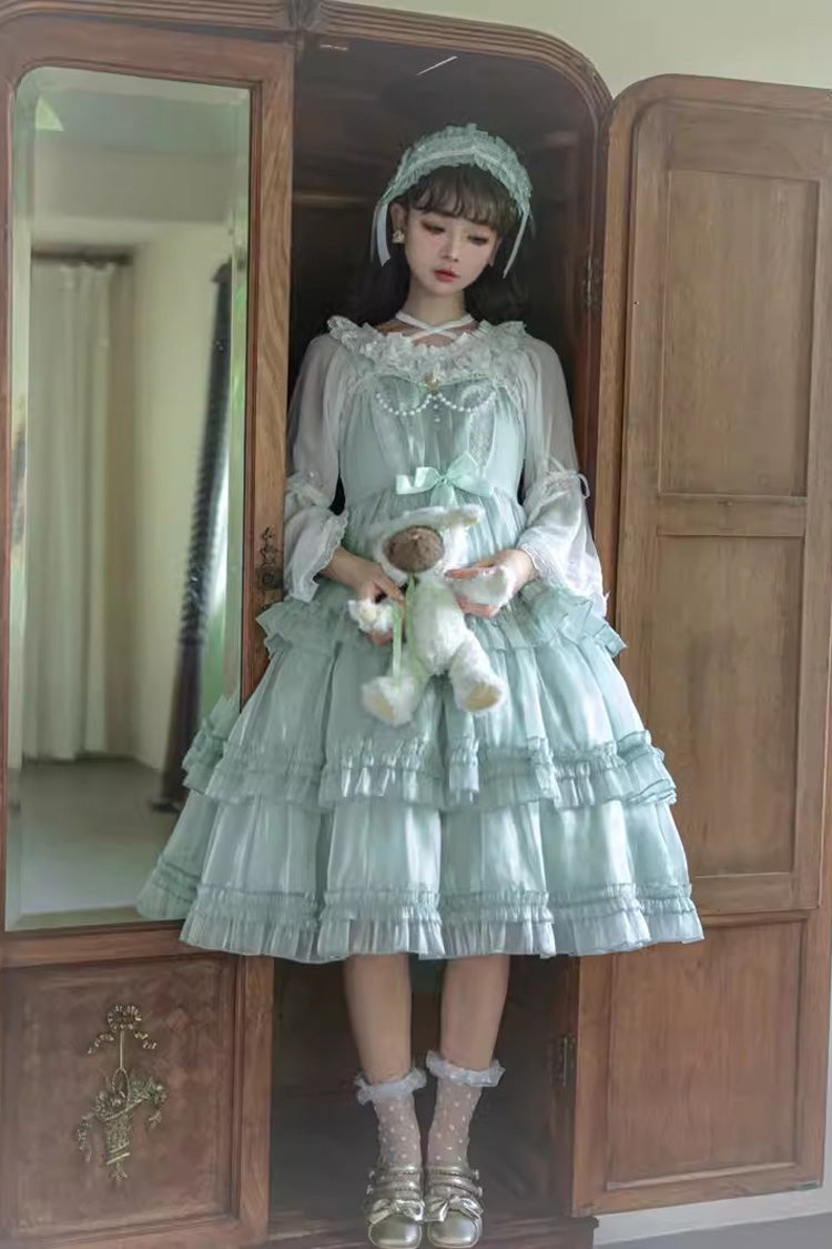 Green Starry Gauze Love Song Three-Tiered Ruffle Bowknot Sweet Lolita Tiered JSK Dress