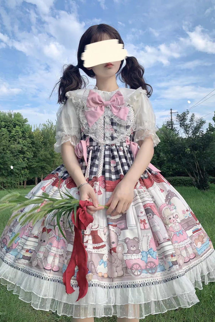 Black/Pink Plush Bear and Doll Print Ruffle Bowknot Lace Sweet Lolita Jsk Dress