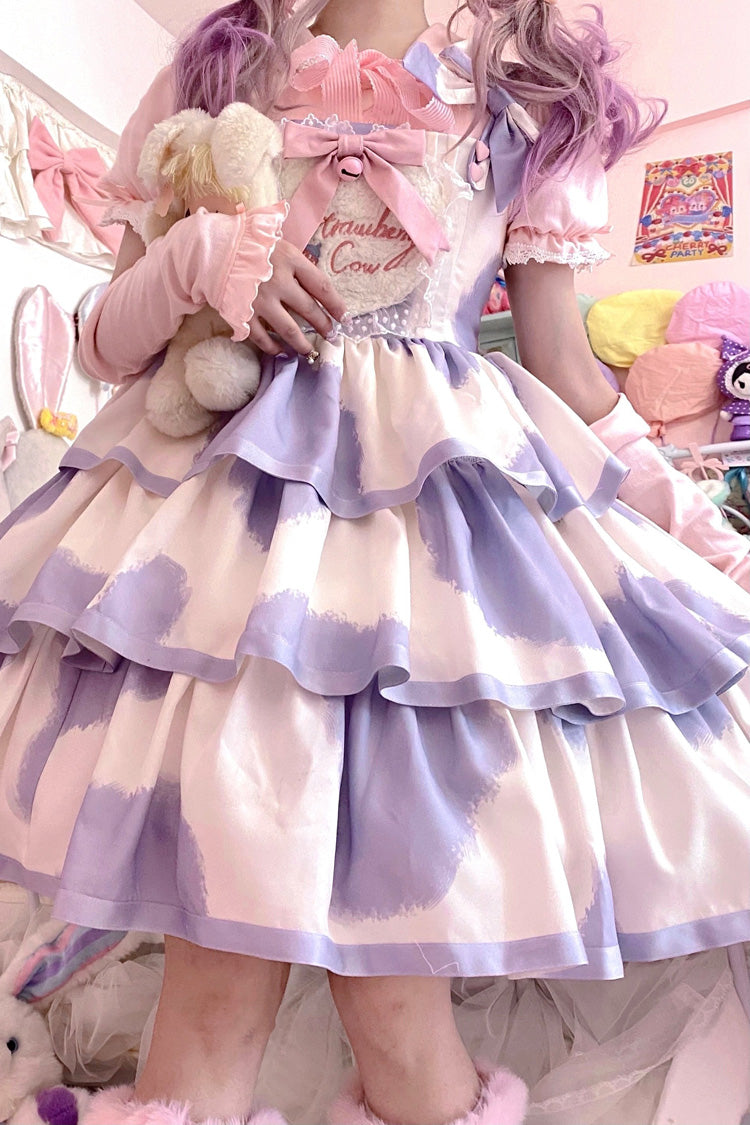 Blue Sleeveless Triple-Layered Cow Print Ruffle Bowknot Sweet Lolita Jsk Dress