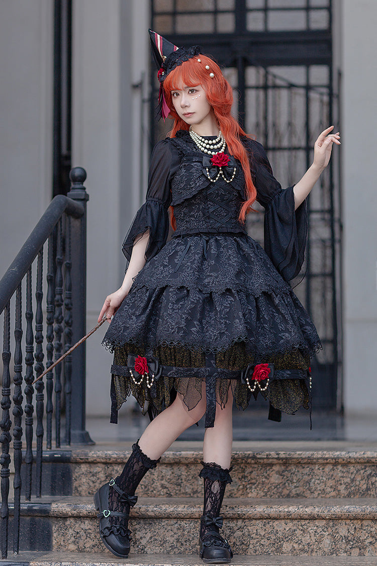 Black [Apprentice Witch] Double-Layered Ruffle Lace Gothic Lolita Skirt