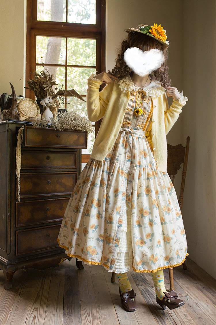 Apricot [Gardening Sunflower] Sleeveless Print Ruffle Bowknot Sweet Elegant Lolita Jsk Dress