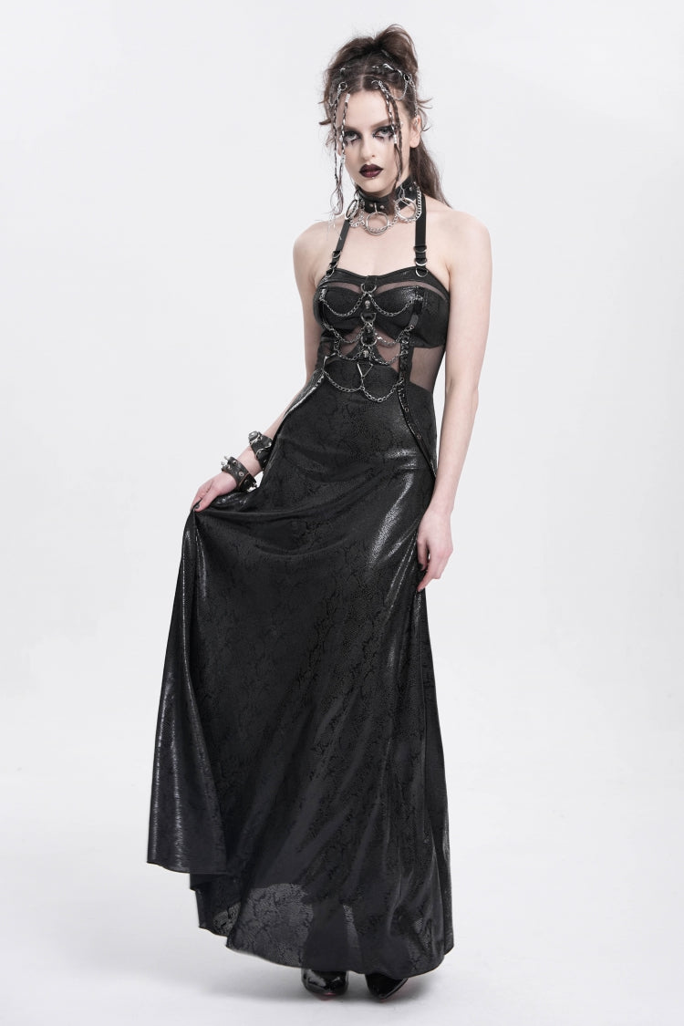 Black Halterneck Stitching Mesh Chained Women's Punk Dress