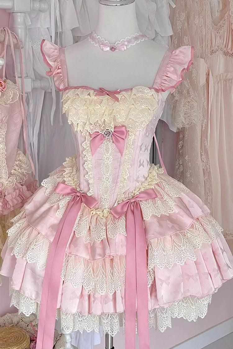 Pink [Strawberry Candy] Multi-Layered Ruffle Bowknot Lace Sweet Ballet Lolita Dress