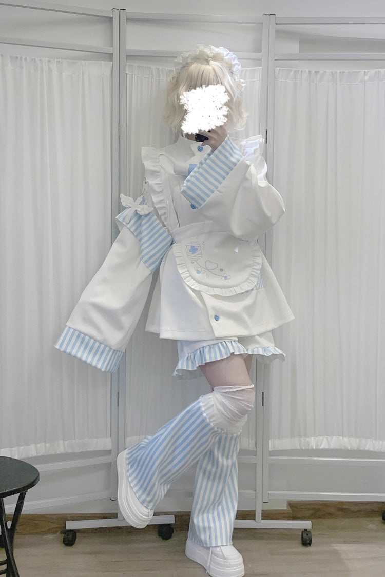 White/Blue Medical Angel Long Sleeves Print Loose Sweet Jirai Kei Japanese Set