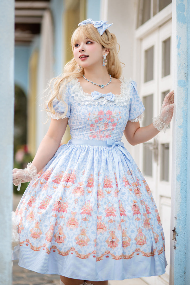 Blue [Rose Garden Rabbit] Print Ruffle Bowknot Sweet Lolita Dress