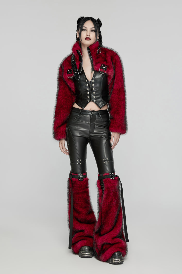 Red Stand Collar Long Sleeves Women's Punk Faux Fur Short Jacket