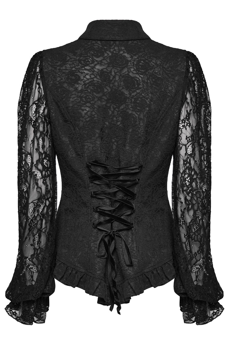 Black Lapel Collar Puff Sleeves Ruffle Stitching Lace Women's Gothic Blouse