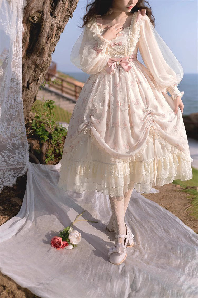 Elfenbeinfarbenes Lolita-Kleid mit mehrlagigem Druck, Rüschen und Schleife, süß und elegant