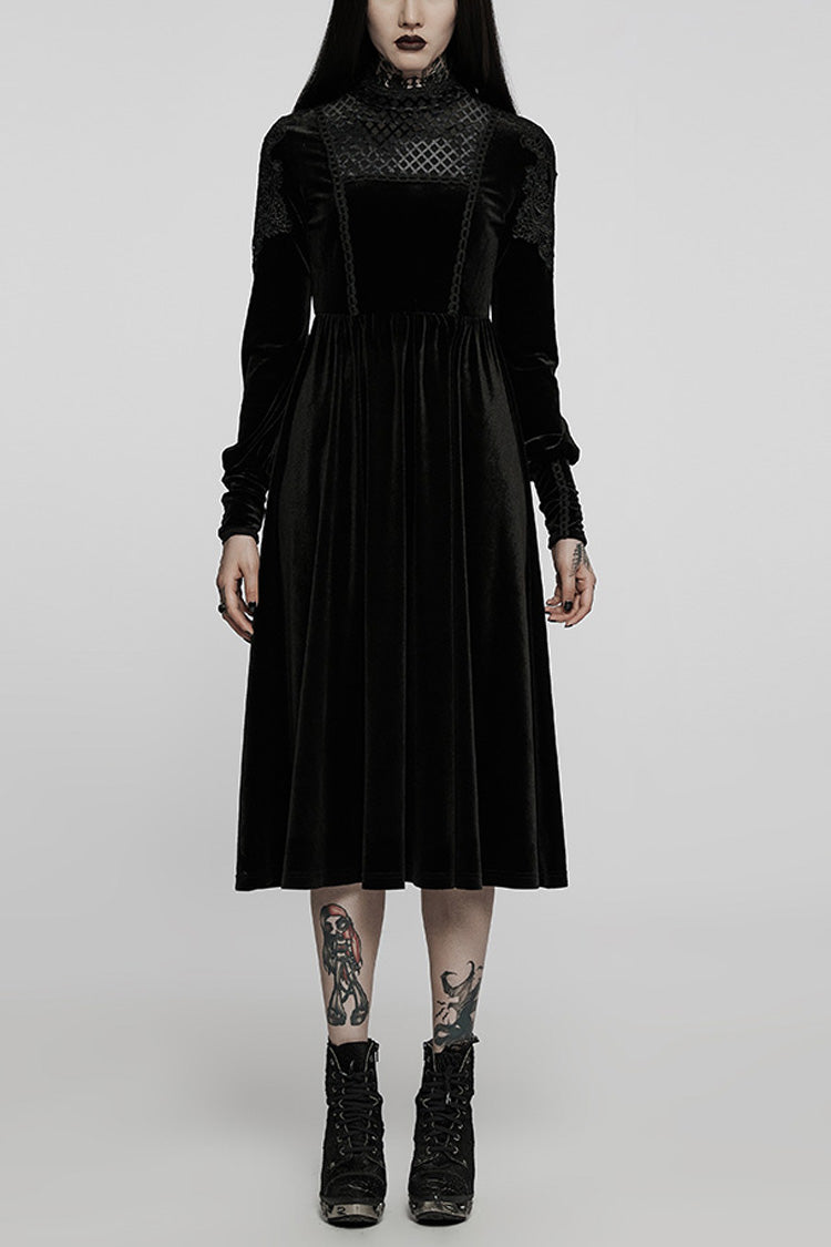 Schwarzes Gothic-Kleid für Damen mit langen Ärmeln, unsichtbarem Reißverschluss, hoher Taille, Hohlnähten