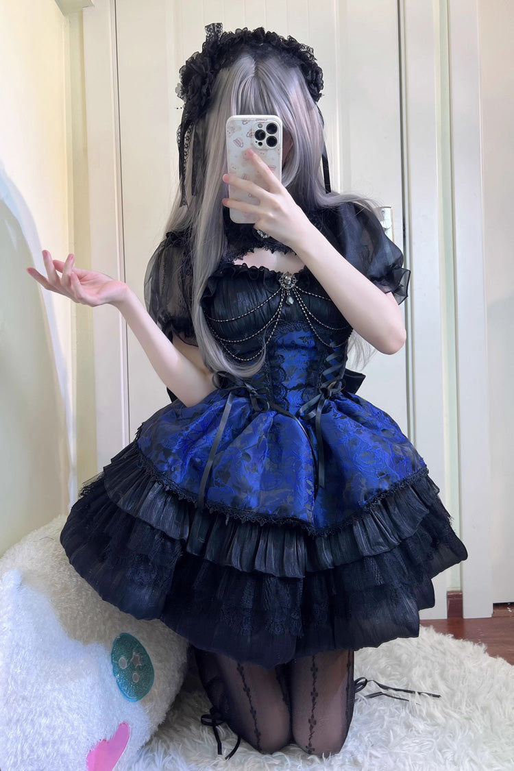 Black/Blue Ancient Dream of the Dark Night Print Ruffle Gothic Lolita Jsk Dress