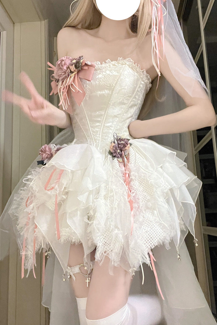 White Sleepless Poem Fishbone Bowknot Asymmetric Sweet Lolita Jsk Dress