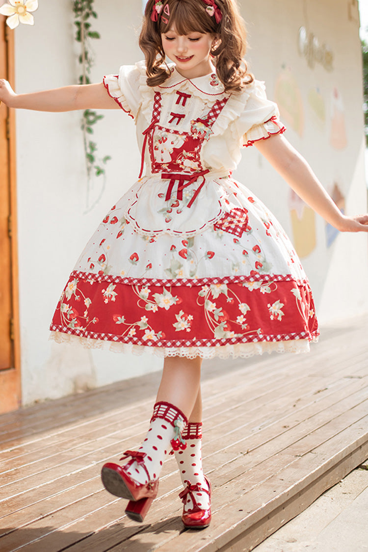 Red/White Strawberry Orchard Print Ruffle Detachable Sweet Lolita Strap Dress