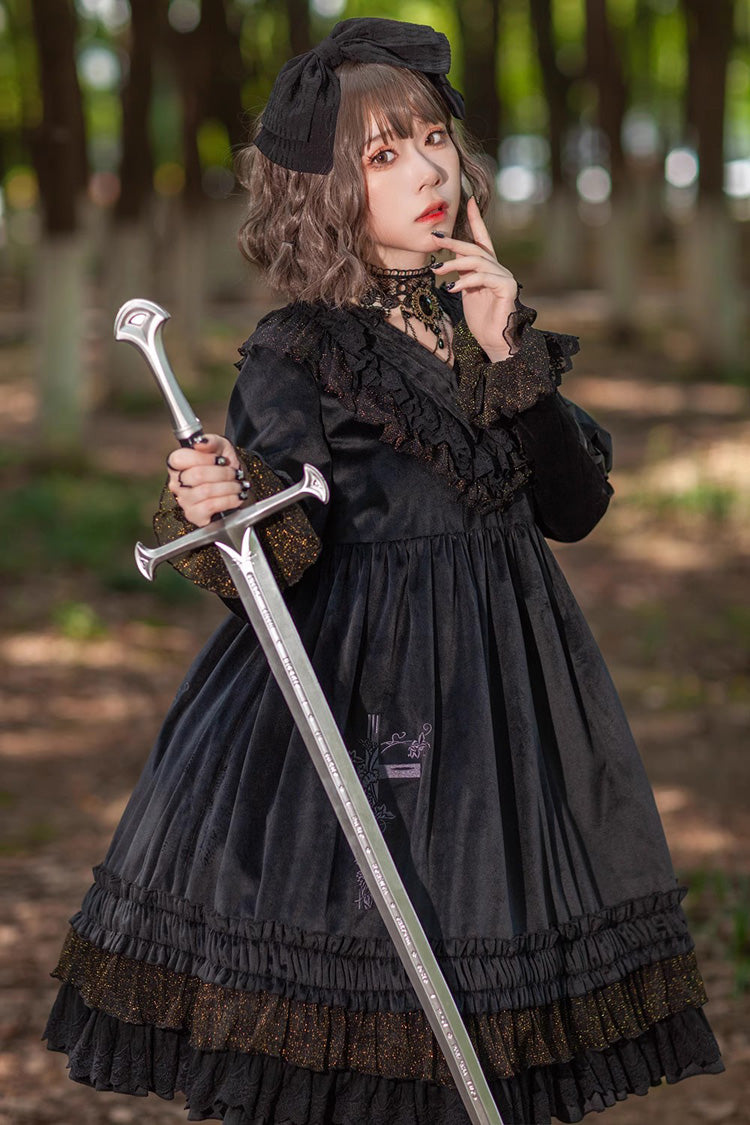 Holy Fruit Manor Gothic Lolita Kleid mit Stickerei und langen Puffärmeln und Rüschen, 2 Farben