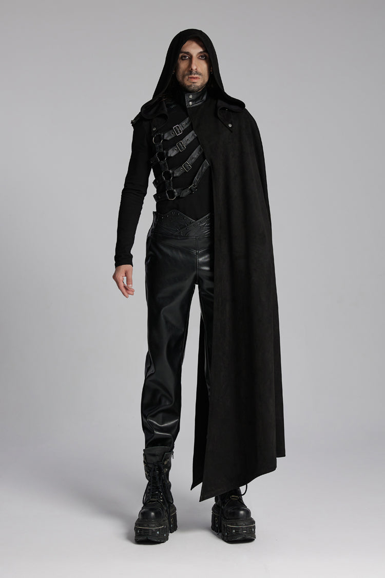 Black Hooded Buckle-up Rivets Men's Punk Cloak