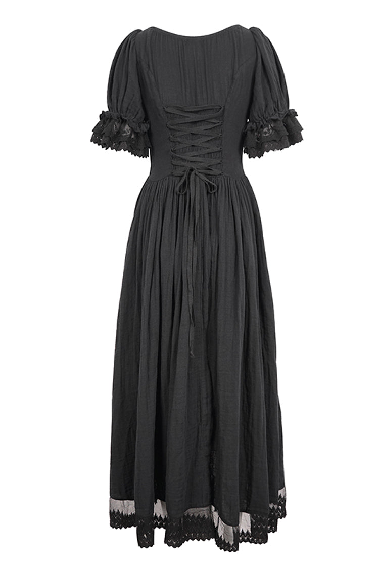 Schwarzes Gothic-Kleid mit kurzen Ärmeln und Rüschen und Kordelzug für Damen