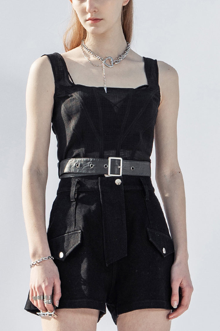 Black Square Collar Belt Rectangle Buckle Women's Punk Vest