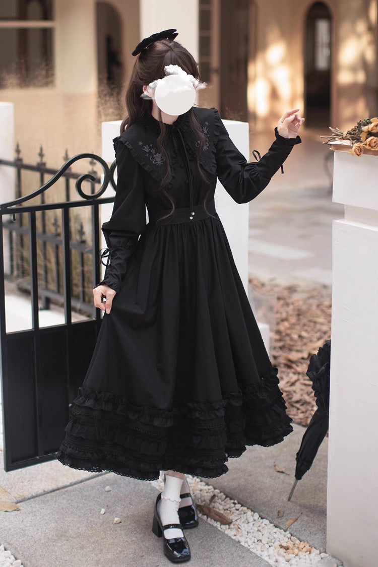 Schwarz [Wind Kissed Tulips] Lange Ärmel Rüschen Stickerei Bowknot Gothic Vintage Elegantes Lolita Kleid