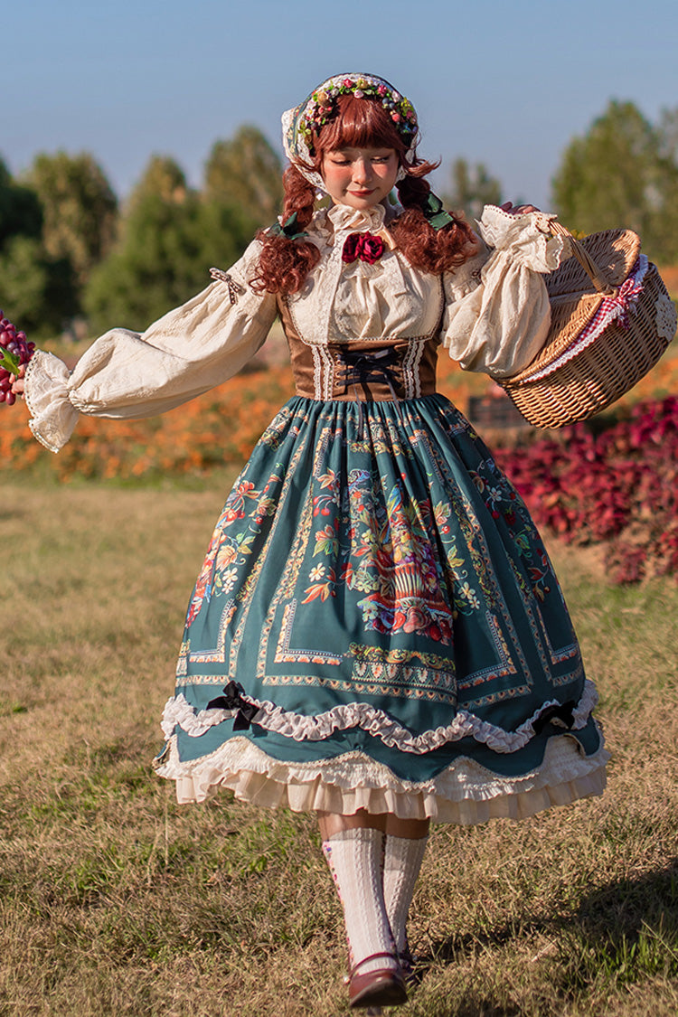 Grün [Ode an die Fülle] Beeren- und Vogeldruck Rüschen Bowknot Samt Klassisches Lolita Brustunterstützung Jsk Kleid