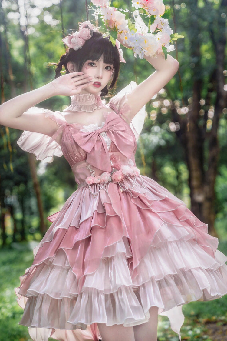 Pink Multi-layer Ruffle Hanayome Bowknot Sweet Elegant Princess Gorgeous Lolita Jsk Dress