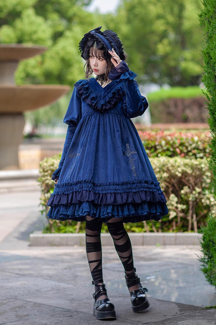 Holy Fruit Manor Embroidery Print Long Puff Sleeves Ruffle Gothic Lolita Dress 2 Colors