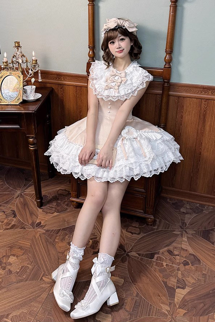 Champagne [Miss Tsundere] Sleeveless Multi-Layered Ruffle Bowknot Lace Asymmetric Sweet Princess Lolita Dress