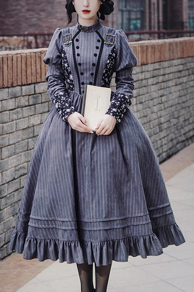 Gray Stripes Print Long Sleeves Classic Lolita Dress