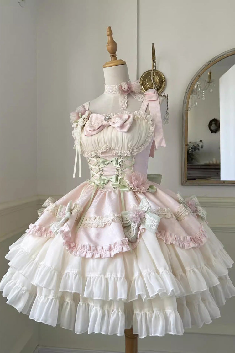 Pink/Ivory Ballet Style Garden Multi-layer Ruffle Bowknot Lace Sweet Lolita Jsk Dress