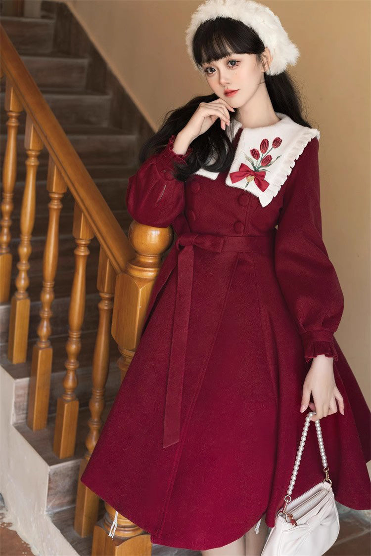 Tulip Long Puff Sleeves Embroidery Slim Sweet Lolita Coat 2 Colors