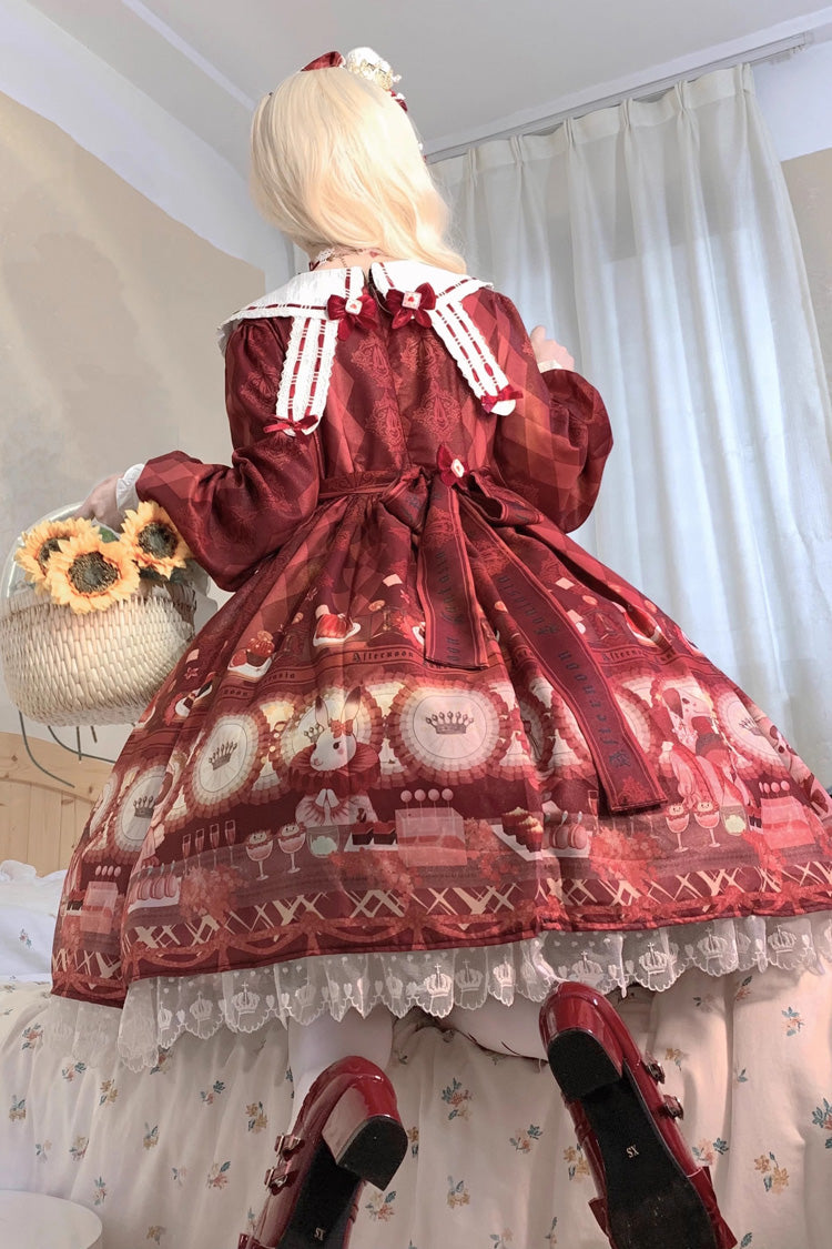 Red [Afternoon Fantasia] Print Ruffle Bowknot Sweet Lolita Jsk Dress