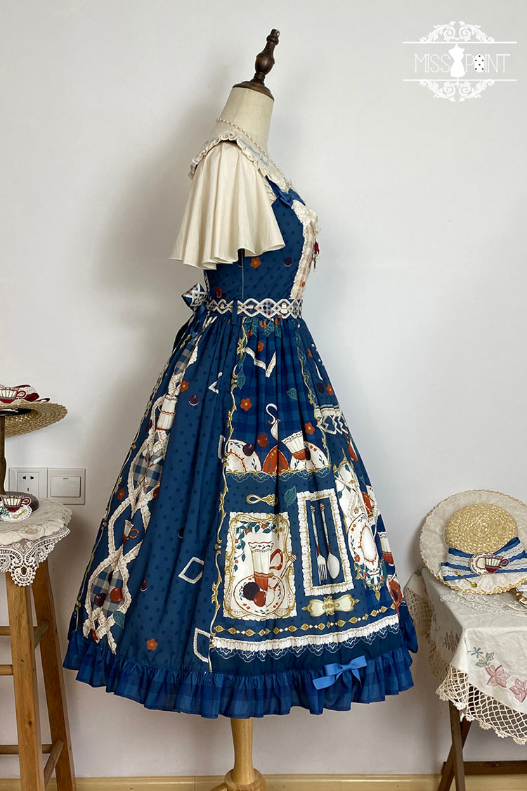 Dark Blue [Tea Party] Print Ruffle Bowknot Lace Sweet Elegant Lolita Jsk Dress