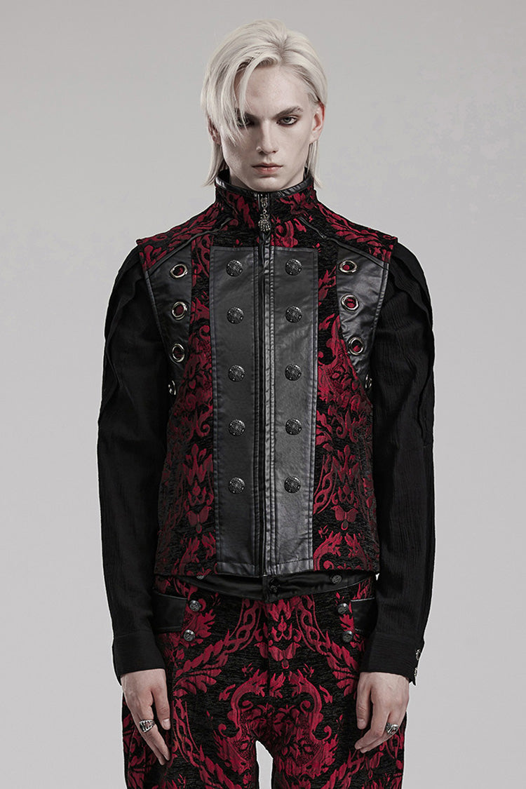 Black/Red Men's Stand Collar Jacquard Print Stitching Metal Ring Decoration Gothic Vest