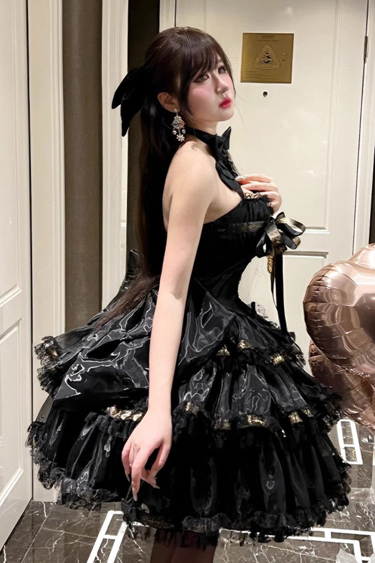 Black [First Kiss] Halterneck Triple-Layered Ruffle Lace Hot Stamping Gothic Princess Lolita Dress