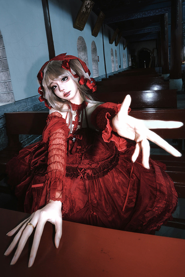 Wine Red Cross Halterneck Ruffle Bowknot Lace Lace-Up Princess Gothic Lolita Dress