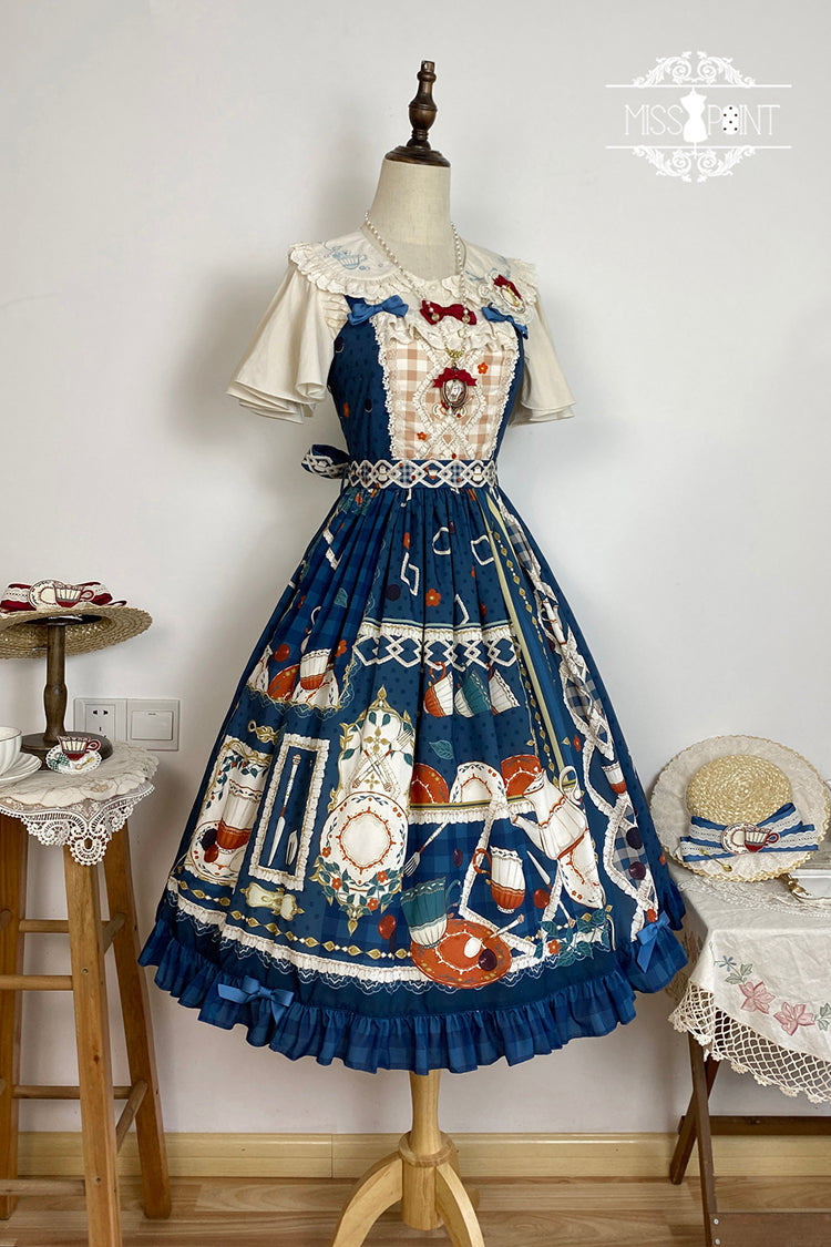 Dark Blue [Tea Party] Print Ruffle Bowknot Lace Sweet Elegant Lolita Jsk Dress