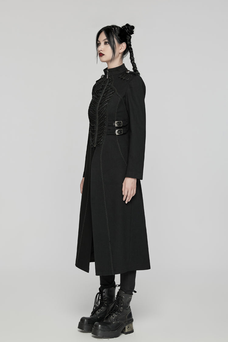 Black Stand Collar Chain Zipper Long Sleeves Women's Gothic Long Coat