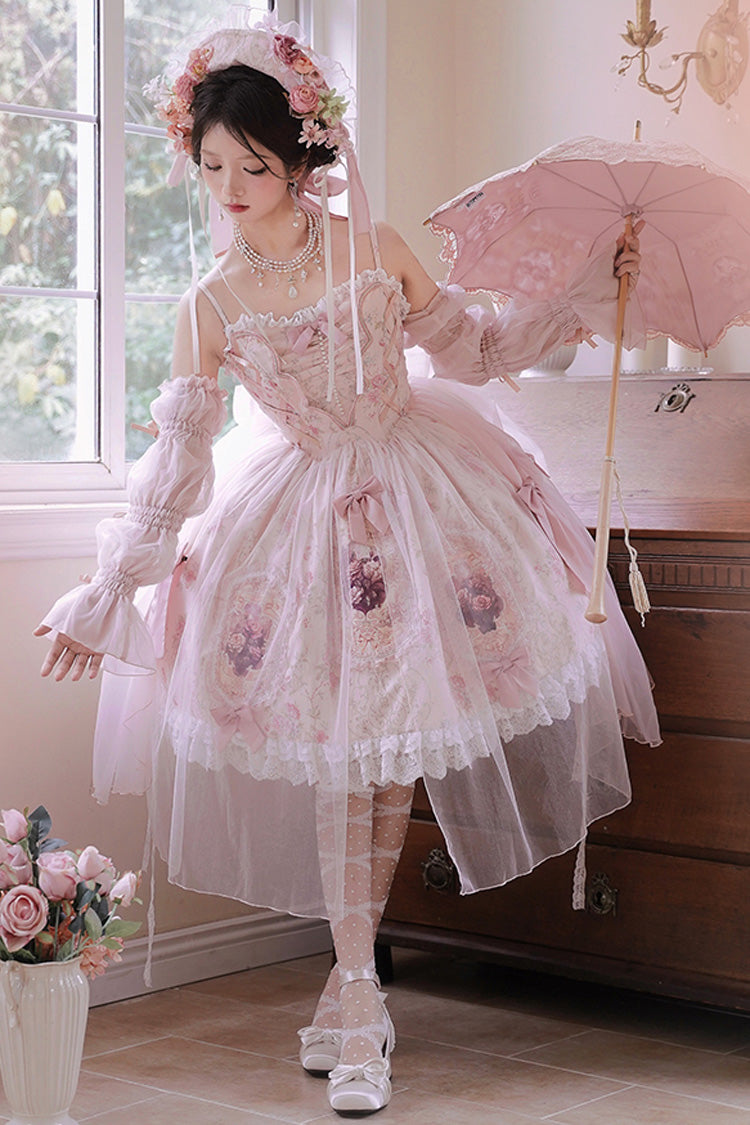 Pink [Rose Window] Print Ruffle Bowknot Lace Sweet Elegant Princess Lolita Jsk Dress