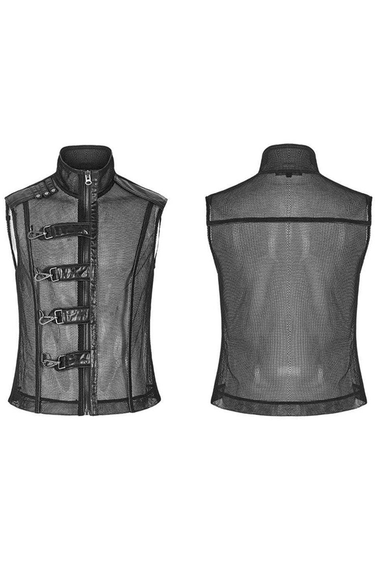 Black Punk Rough No Elasticity Woven Mesh Metal Buckle Belts Decoration Perspective Sleeveless Metal Zipper Men's Vest