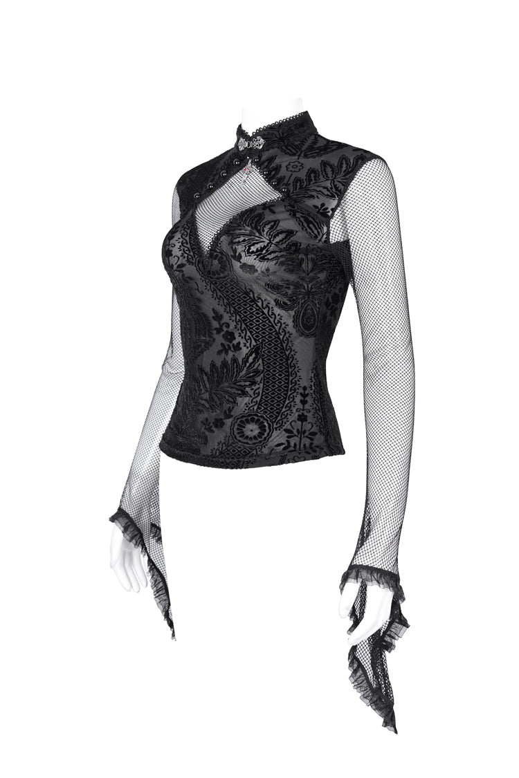 Black Stand Collar Hollow Embroidery Lace Women's Gothic Blouse