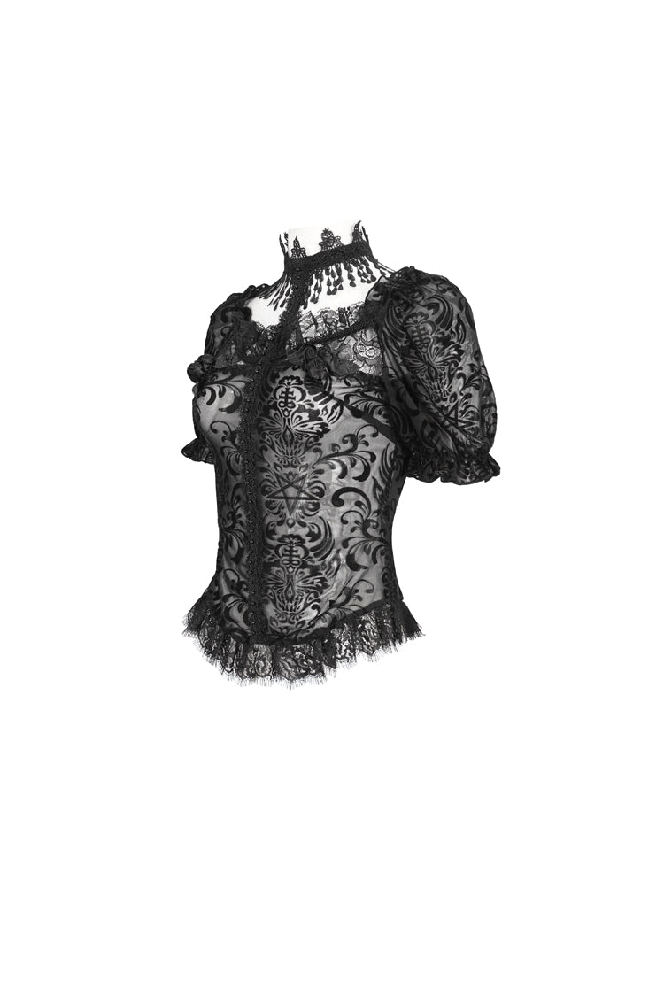 Black Short Sleeves Print Ruffle Lace Sheer Women's Gothic Blouse