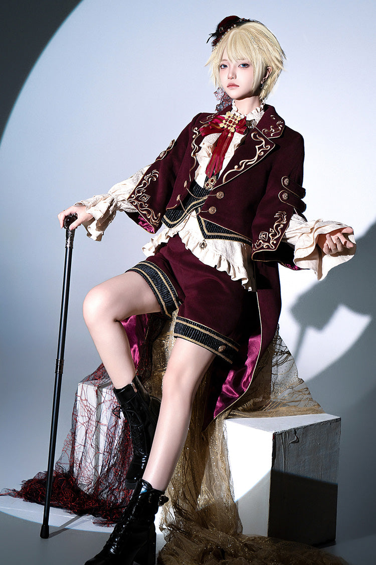 Red [Royal Heir] Embroidery Classic Military Gorgeous Handsome Ouji Lolita Coat Blouse Shorts Set