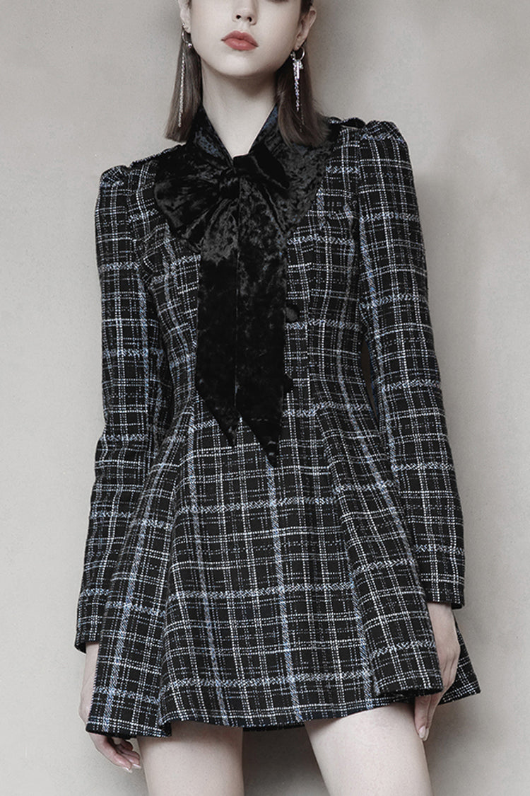 Black/White Small V-neck Tie Design Checked Woolen Cloth And Velvet Stitching Bow Collect Waist Women's Punk Dress