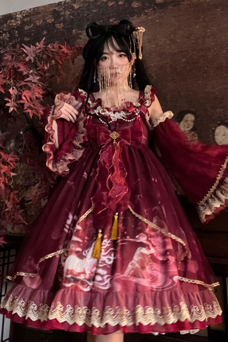 [Neunschwänziger Fuchs] Bedrucktes Rüschen-Schleifenkleid im klassischen chinesischen Stil mit Lolita-Jsk-Prinzessin, 2 Farben