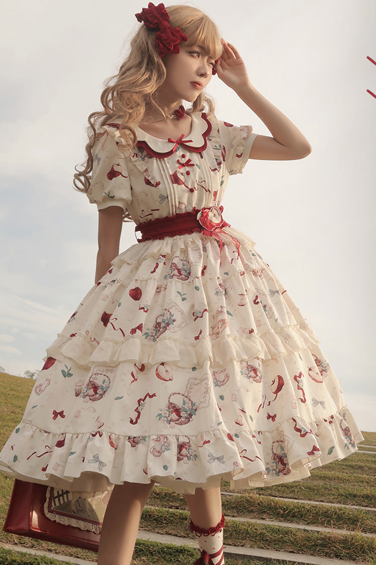 Süßes Lolita-Kleid im Landhausstil mit Rüschen und Schleife im Apfeltee-Print und kurzen Ärmeln