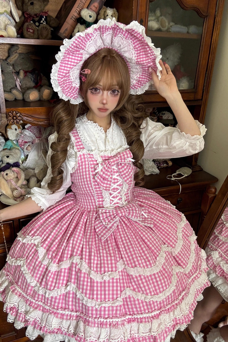 Pink Plaid Print Ruffle Bowknot Lace-Up Sweet Lolita Dress