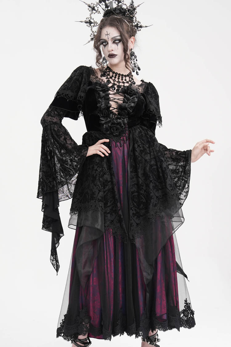 Black/Purple Crochet Long Sleeves Hanayome Lace Women's Gothic Dress