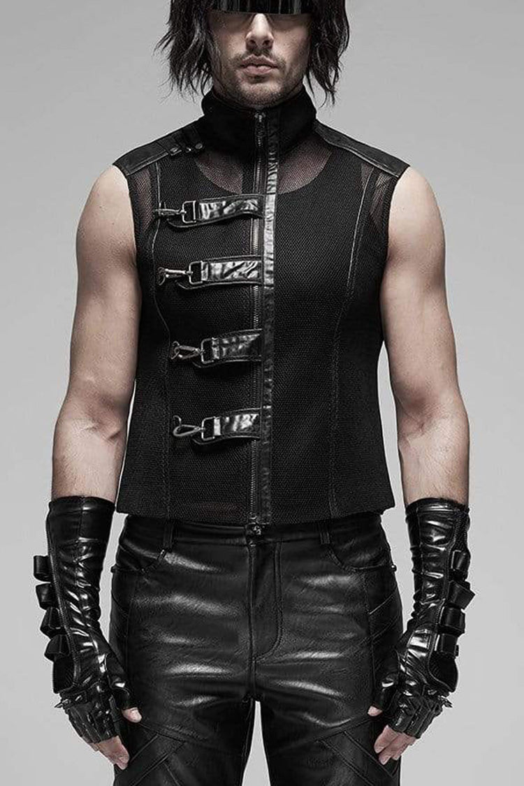 Black Punk Rough No Elasticity Woven Mesh Metal Buckle Belts Decoration Perspective Sleeveless Metal Zipper Men's Vest