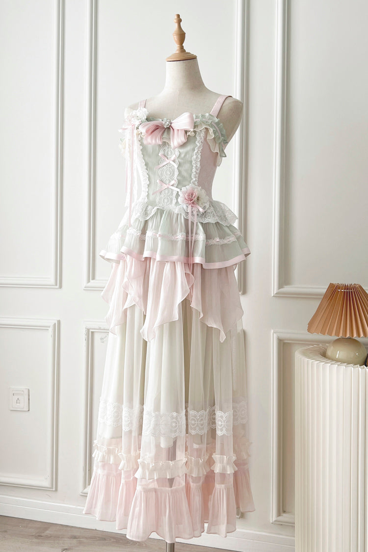 Pink/Green Summer Garden Ruffle Embroidery Bowknot Lace Sweet Lolita Jsk Long Dress